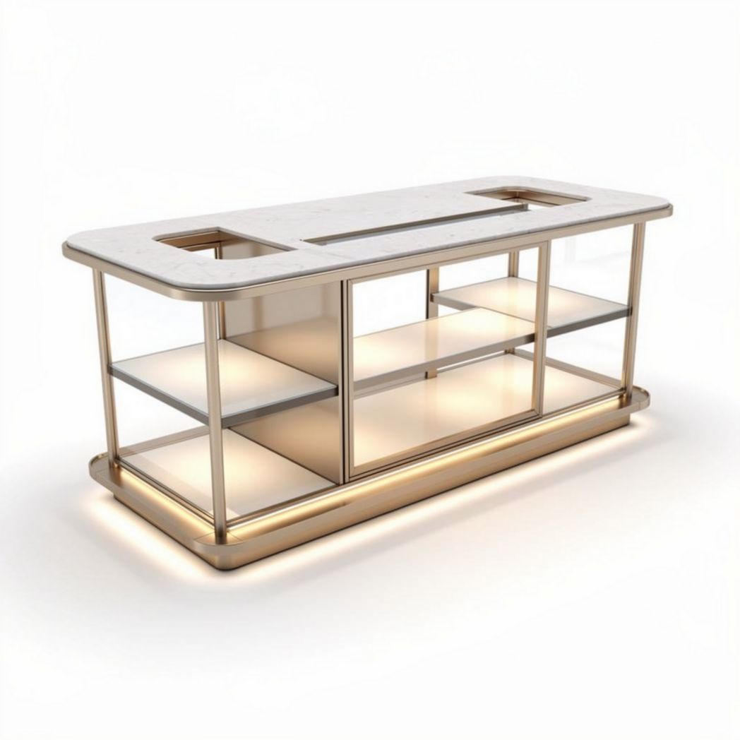 Marmeren witte toonbank met glazen planken en verlichting 120 x 60 x 90cm