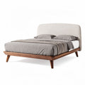Houten bed met gestoffeerde rugleuning en grijs dekbed 200 x 160 x 90cm
