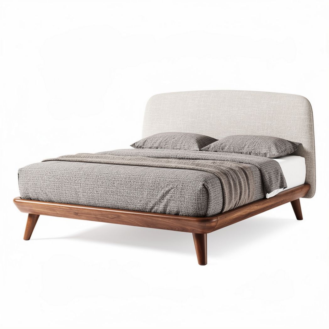 Houten bed met gestoffeerde rugleuning en grijs dekbed 200 x 160 x 90cm