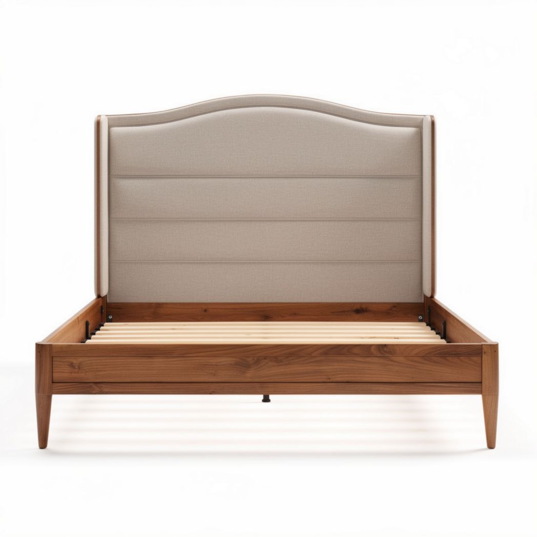 Houten bedframe met gestoffeerde hoofdbord en afmetingen 200 x 160 x 100 cm