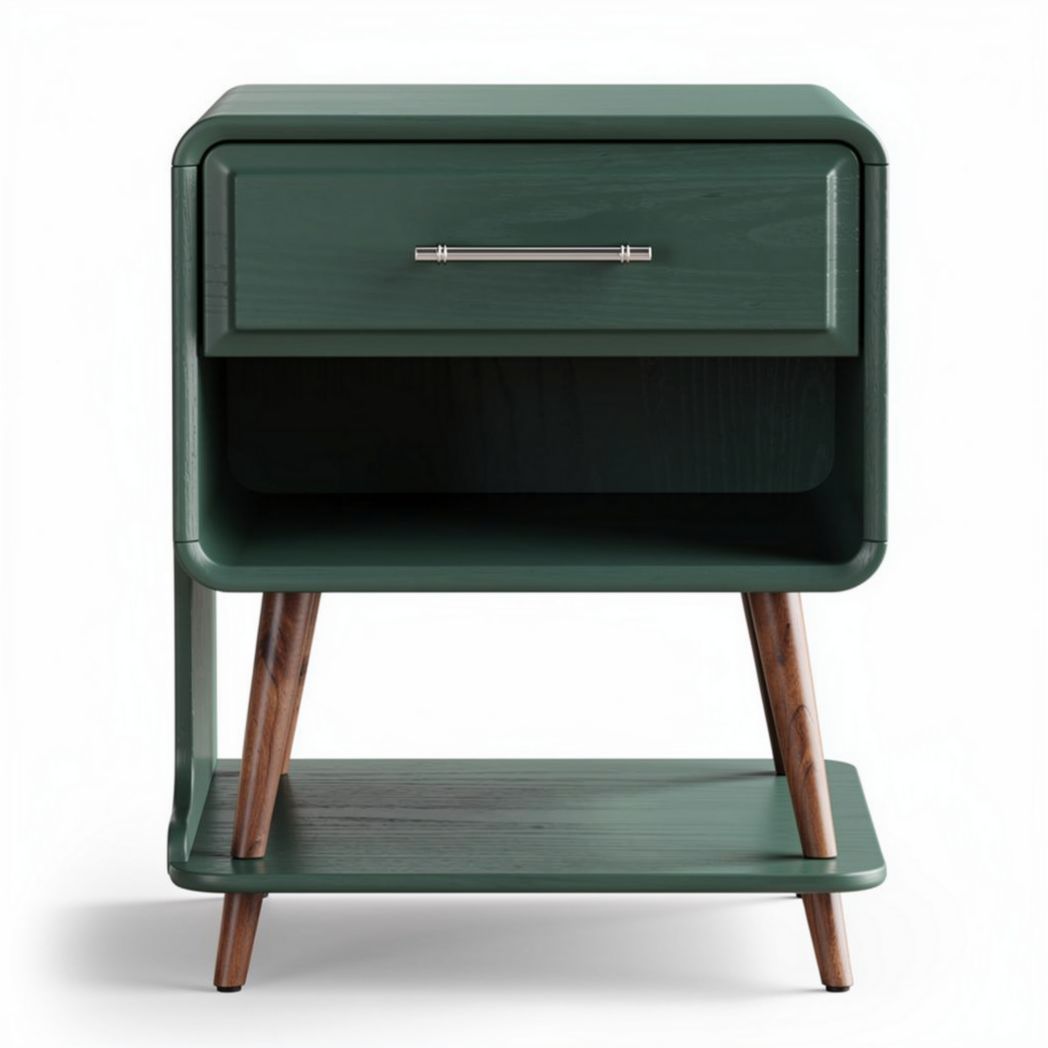Nachtkastje van hout in groen met lade en open vakken 45 x 40 x 60cm