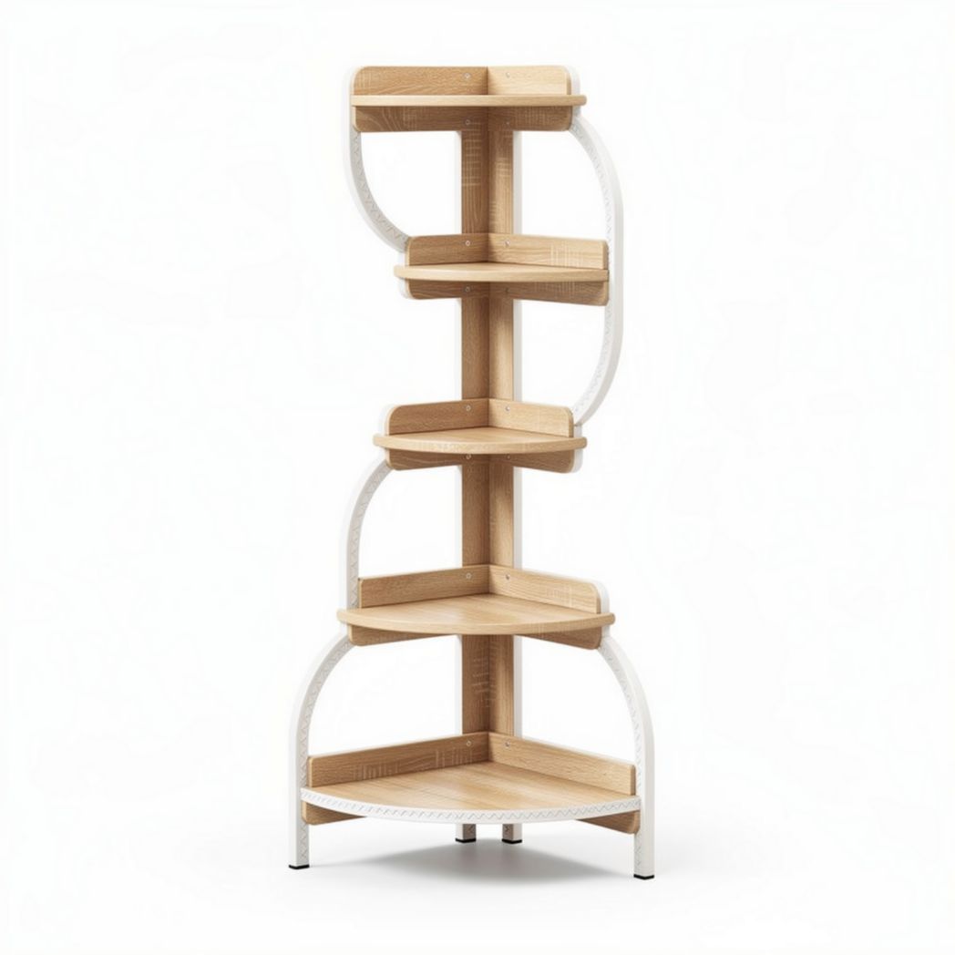 Hoekig houten wandrek met witte metalen frame en vijf planken 40 x 30 x 150cm