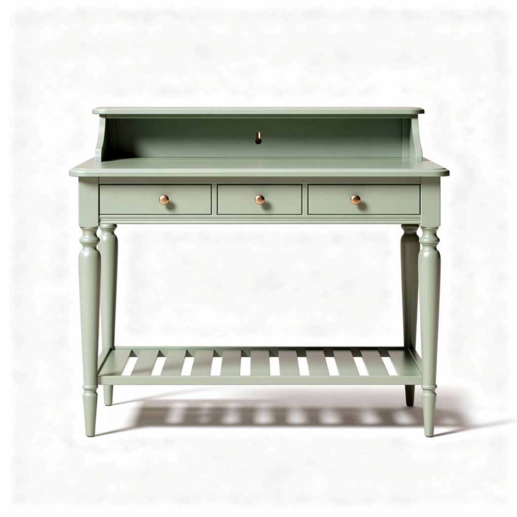 Groene houten tafel met drie lades en open opbergrek 90 x 40 x 75cm