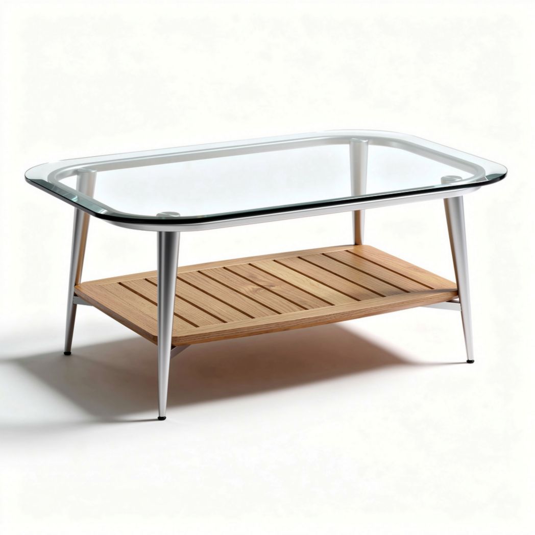 Glazen salontafel met houten onderblad en metalen poten 120 x 60 x 45cm