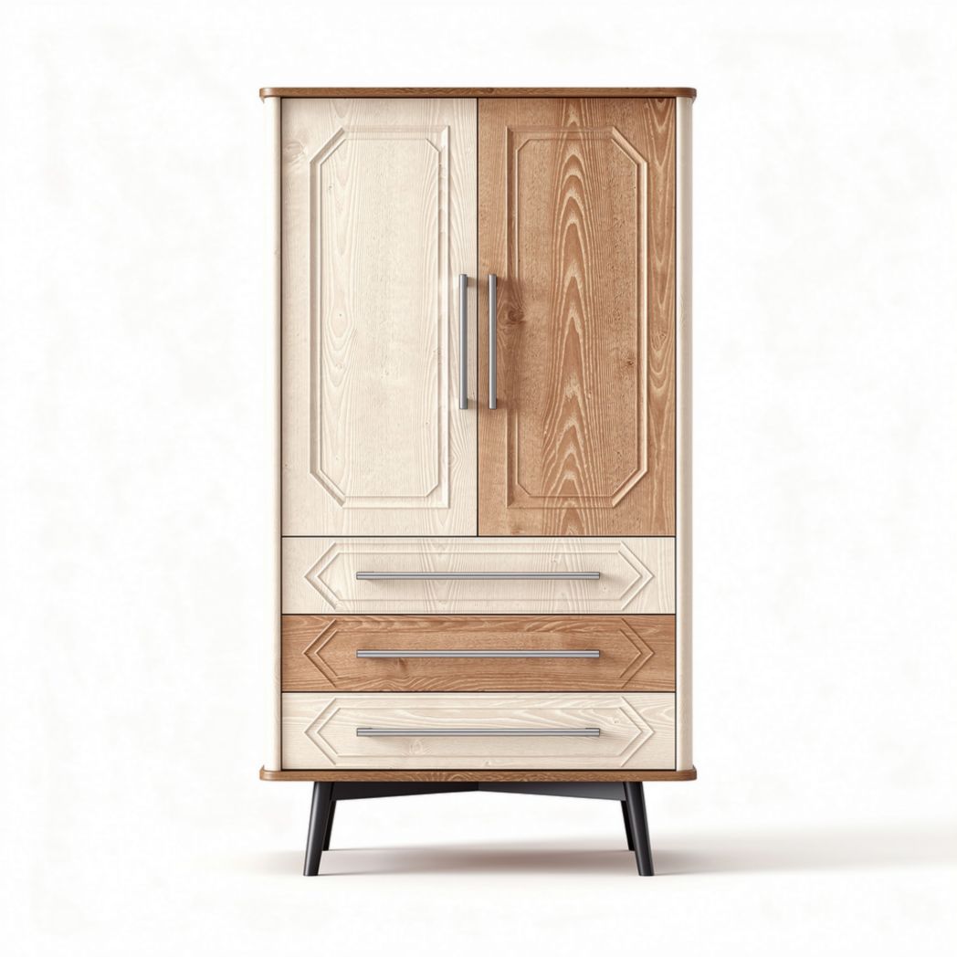 Houten kast met 2 deuren en 3 laden 80 x 40 x 130cm in naturel en bruin