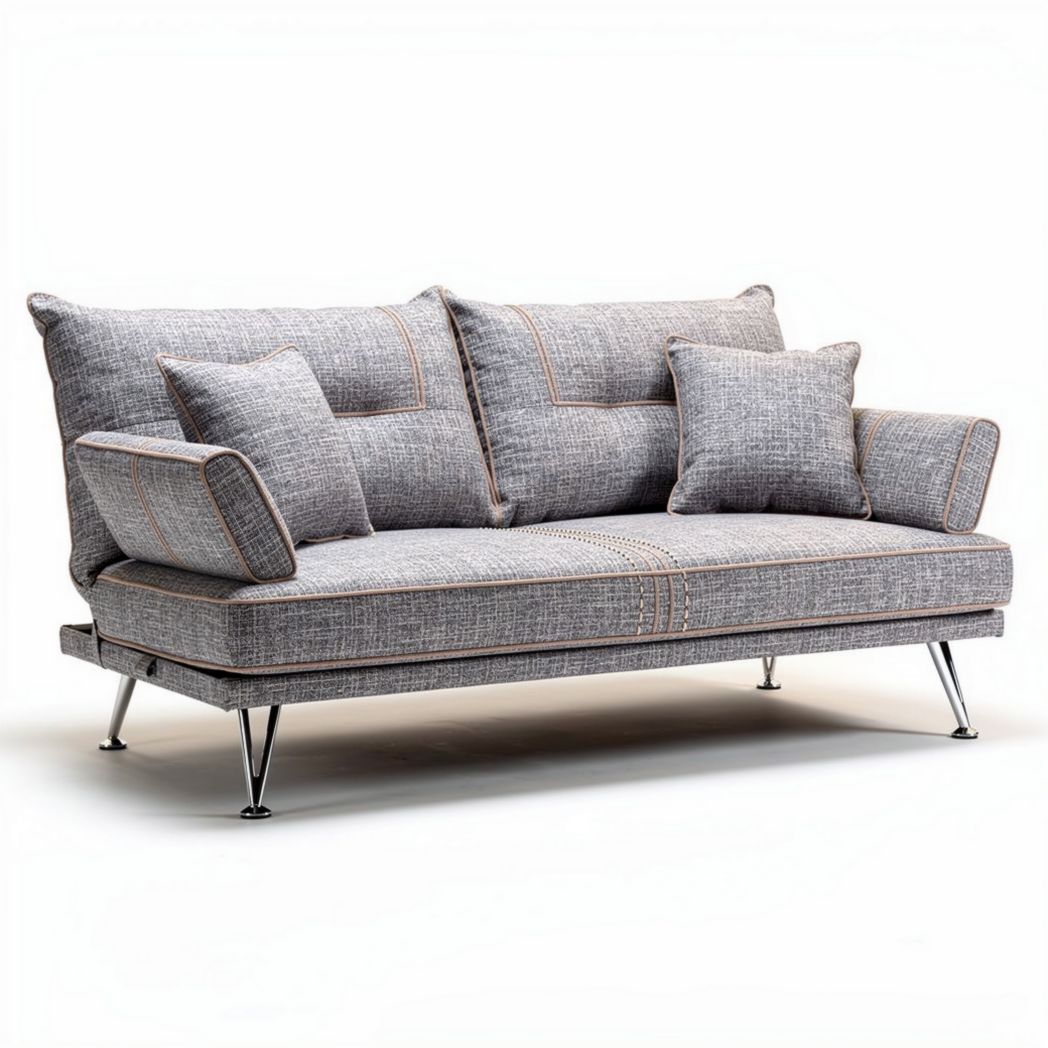 Grijze stoffen bank met vier kussens en metalen poten 200 x 90 x 85cm