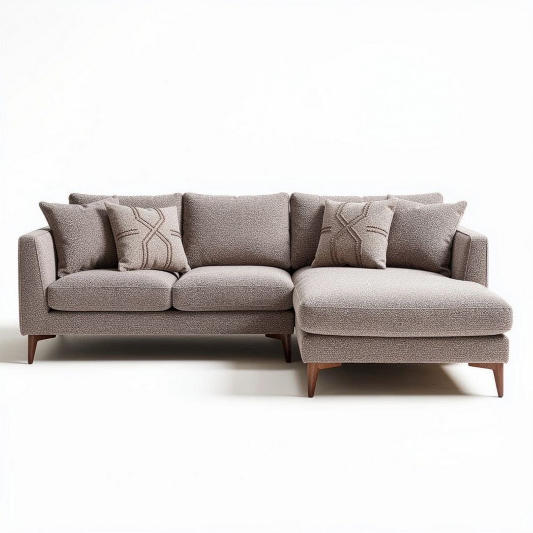 L-vormige bank met kussens in grijs stof 220 x 90 x 85cm